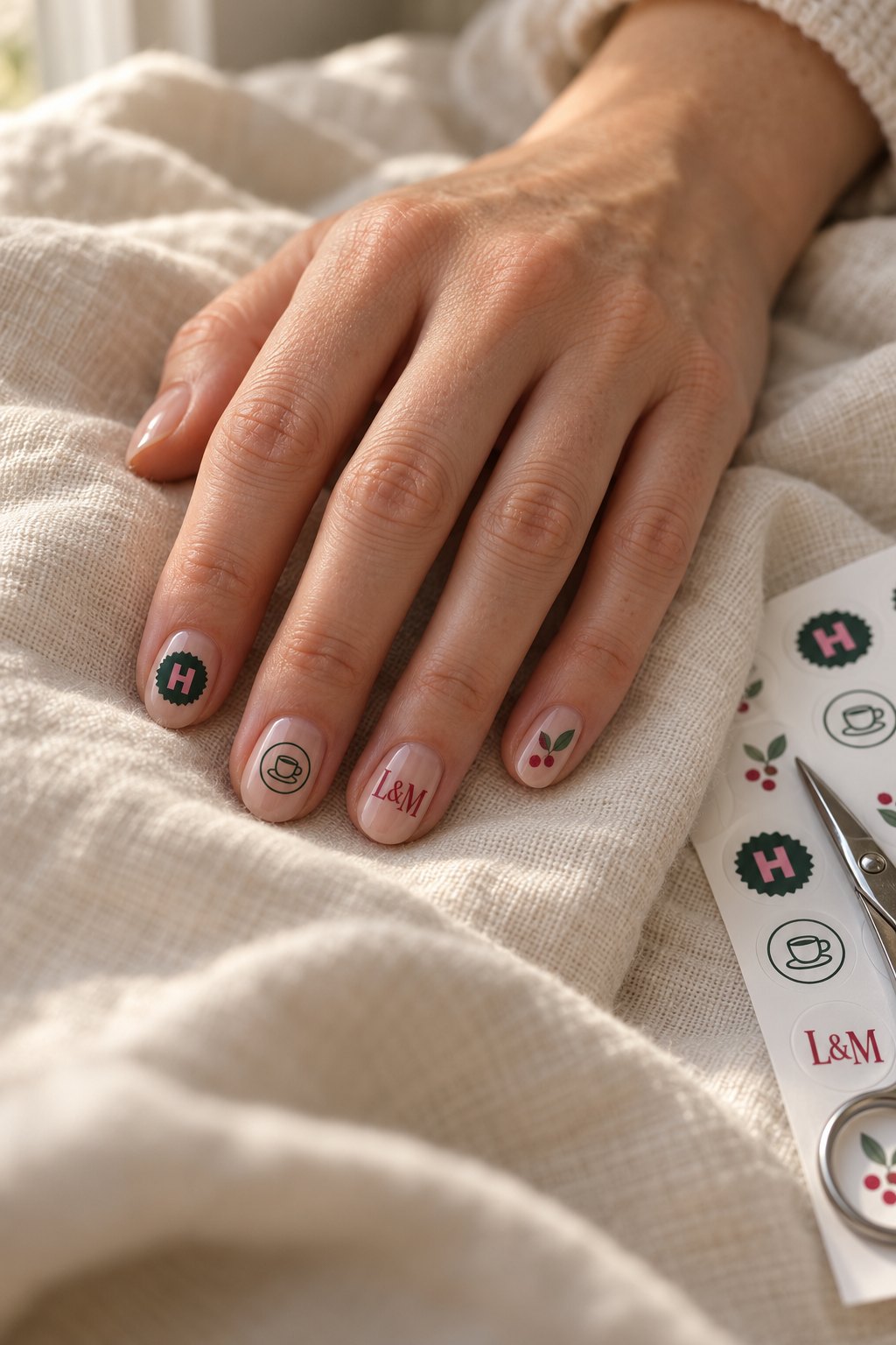 Hand mit personalisierten Nagelstickern: HEIMILD-Siegel, Café-Logo, Monogramm L&M und Kirschen, daneben ein Stickerbogen mit Schere